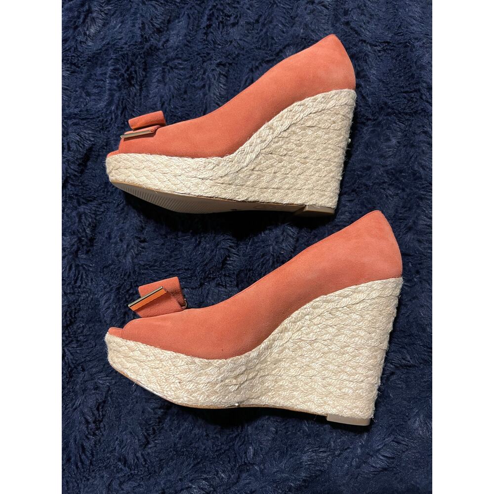Michael Kors Coral Suede Wedge Espadrilles 6.5 Peep Toe Bow NWT - Picture 4 of 9
